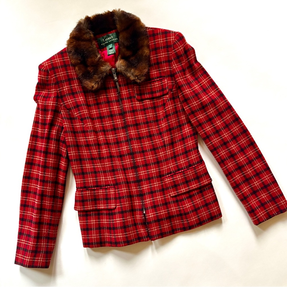 Ralph Lauren Red and Gold Plaid Jacket with Faux Fur Trim